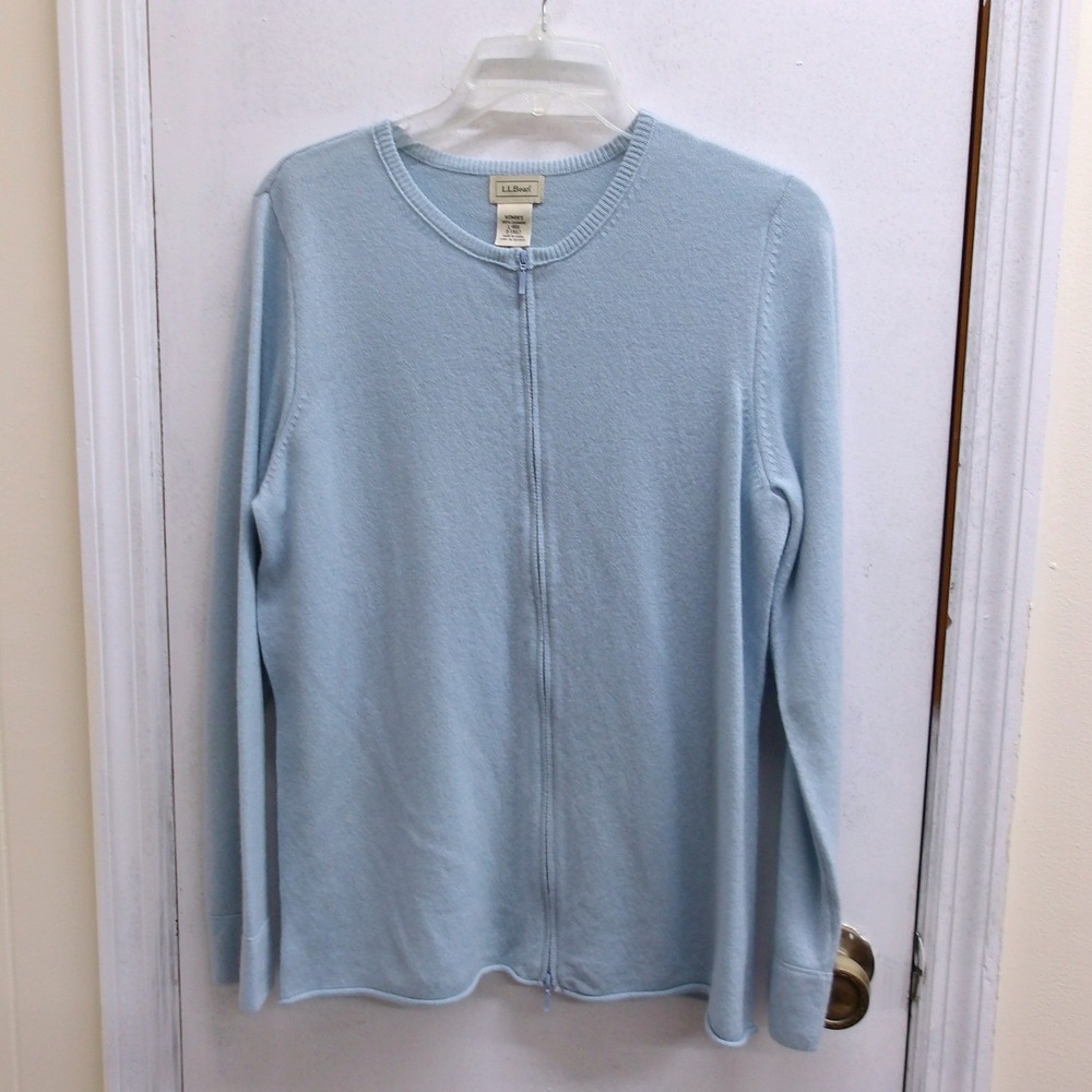 LLBean Womens Light Blue Zip Up Sweater Cardigan‎ Long Sleeve Size LG / #2656